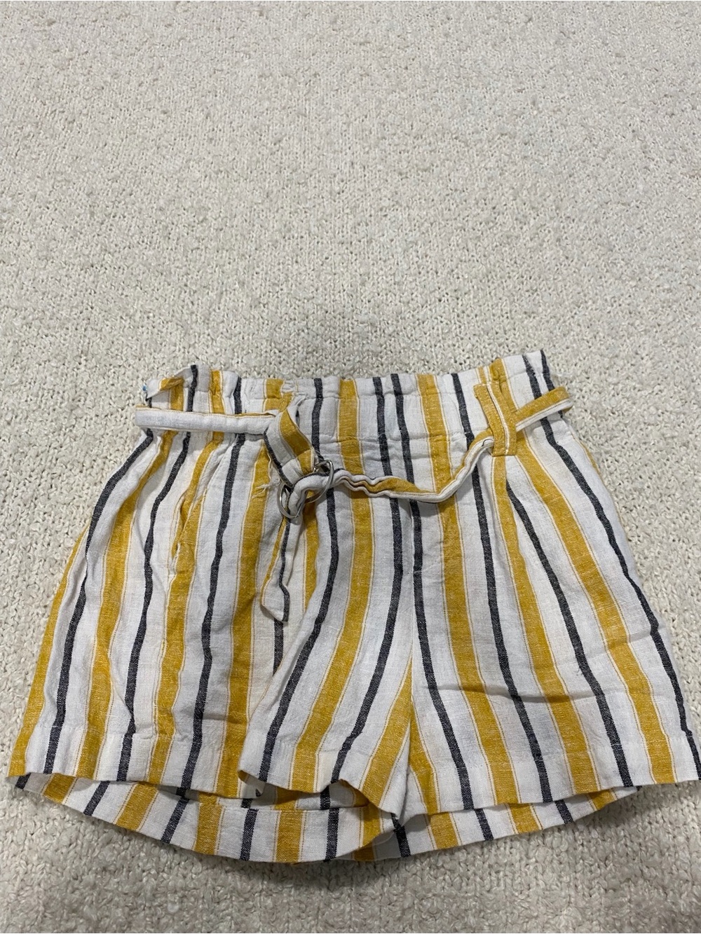 Love Tree Striped Paperbag Waist Shorts in Mustard and White